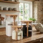 (Set Of 3) Luxury Airtight Glass Jar with Bamboo Lid and Integrated Wooden Spoon