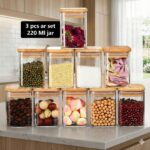 Premium Square Glass Spice Jar Set with Bamboo Lid - 220ml (Set of 3)
